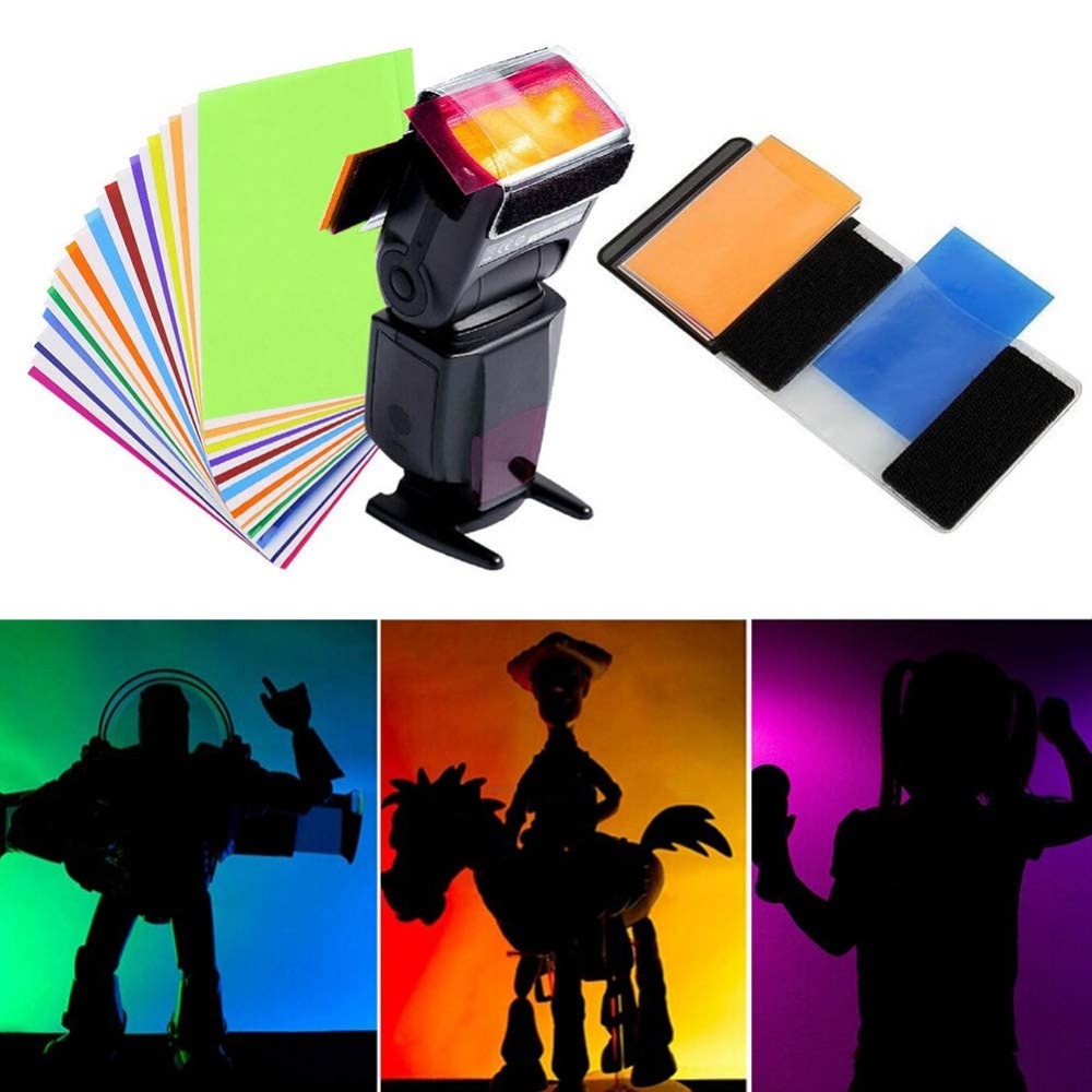 Photography Lighting Portrait - ชุดฟิลเตอร์เจลสำหรับแฟลชกล้อง 12 สี พร้อมสายรัดเวลโครอเนกประสงค์สำหรับ Speedlite ถ่ายภาพบุคคล